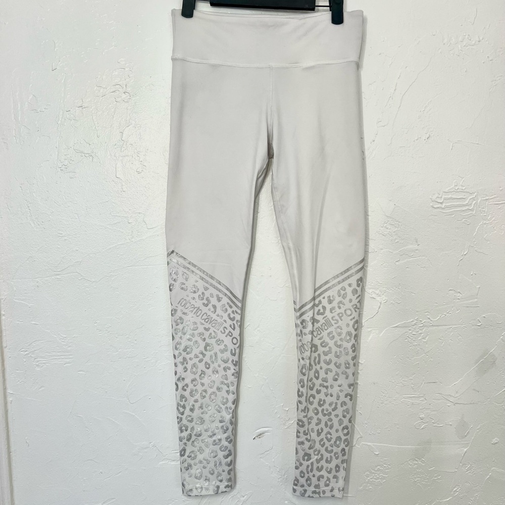 Roberto Cavalli Sport White Leggings with Metallic Silver Leopard Logo Print